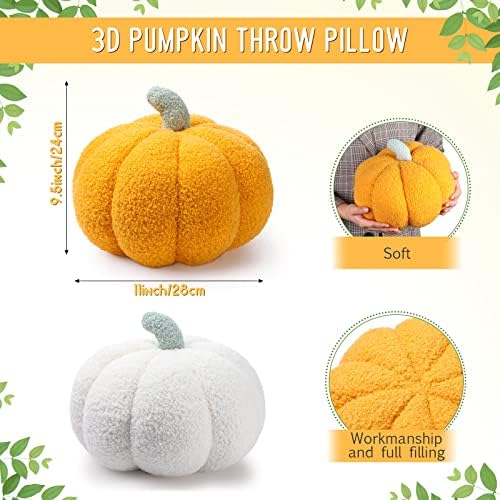 Kajaia 2 Pcs 3D Pumpkin Pillow Fall Decor Cushions,White, Yellow