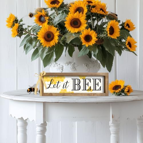 Bee Decorations for Home, Wooden Let It Bee Sign Honeycomb Decor, Honey Bee Summer Bumblebee Themed Kitchen Bathroom Room Office Table Wall Desk Shelf Mantel Farmhouse Decor
