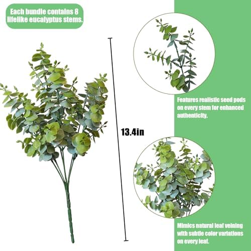Artificial Fall Eucalyptus Plant – 8PCS Outdoor Fake Greenery, UV Resistant Fake Plants for Porch, Patio, Thanksgiving or Autumn Home Decor - Dusty Green Leaves