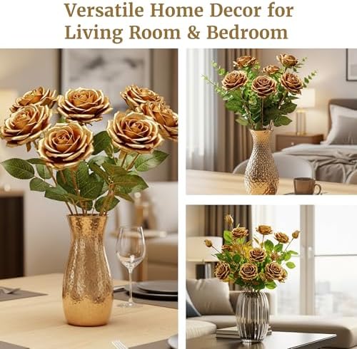 Auihiay 60PCS Gold Rose Artificial Flowers, Faux Silk Roses