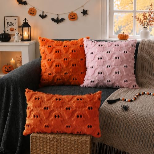 DFXSZ Halloween Pillow Covers 12x20 Orange Ghost Plush Halloween Decor095