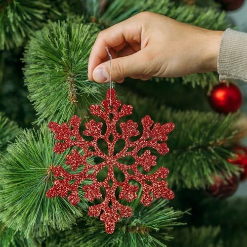 36pcs Red Christmas Snowflake Ornaments, Plastic Glitter Hanging Snow Flakes for Christmas Tree Decorations Winter Wonderland Frozen Birthday Party Holiday Home Decor Craft Snowflakes