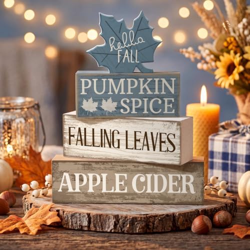 Moucuny 4 Pcs Fall Table Decoration Rustic Blue Maple Leaf Wooden Blocks