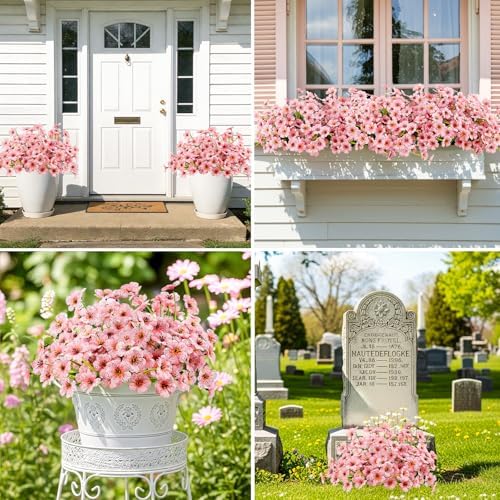24 Bundles Pink Artificial Flowers for Outdoors, UV Resistant Faux Plants
