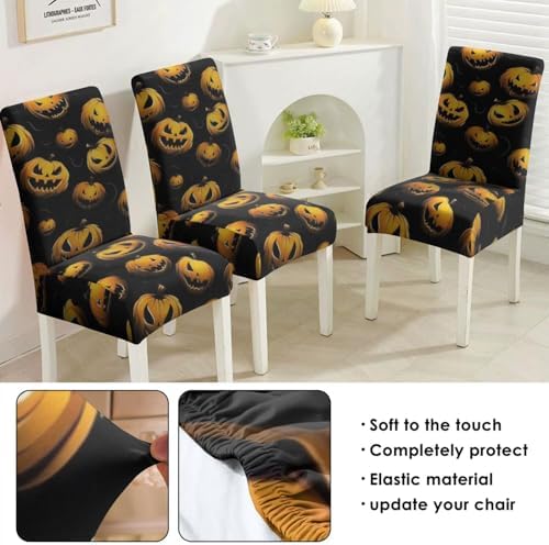 4 Pcs Halloween Dining Chair Covers, Spooky Pumpkin Stretch Removable Washable Seat Slipcovers, Horror Scary Kitchen Dining Room Hotel Decor