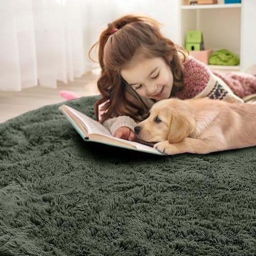 OLANLY Olive Green Round Rugs for Bedroom - Machine Washable, 3 ft Circle Area Rugs for Living Room, Soft and Fluffy