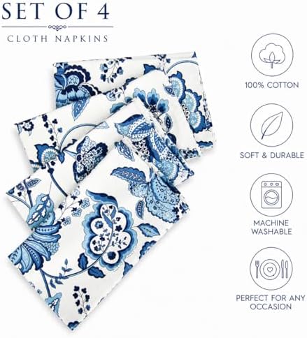 Taran Living Premium Cotton Cloth Napkins Set of 4, 18x18 Inch Reusable Dinner Napkins, Soft Washable Oversized Fabric Napkins for Dining Table, Weddings, Parties & Everyday Use, Blue Floral