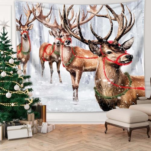 QGHOT Winter Tapestry Wall Hanging Winter Forest Backdrop Christmas Snowy Deer Wall Decor Snow Elk Tapestries for Bedroom Living Room Dorm Party Decoration, Large