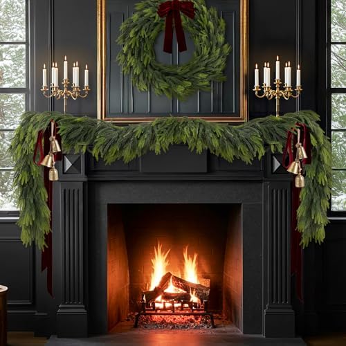 N&T NIETING 6FT Christmas Norfolk Pine Garland Real Touch Pine Artificial Faux Greenery Garlands Winter Christmas Garland for Table Mantle Fireplace Holiday Indoor Outdoor Xmas Decorations (6 Pcs)