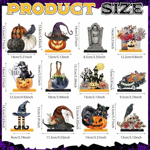 Marsui 12 Pcs Halloween Wooden Decor Pumpkin Ghost Cat Centerpieces
