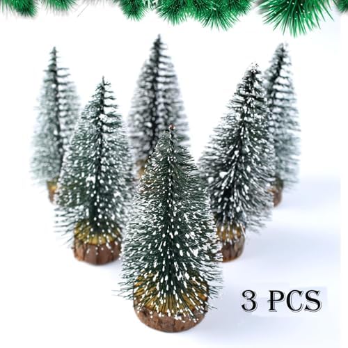 3 Pack Mini Christmas Trees with Snow & Wood Base - 4 Inch Bottle Brush Desktop Decor for Xmas, Holiday, Office, Shelf, or Tabletop - Festive Miniature Holiday Decorations Gift Set