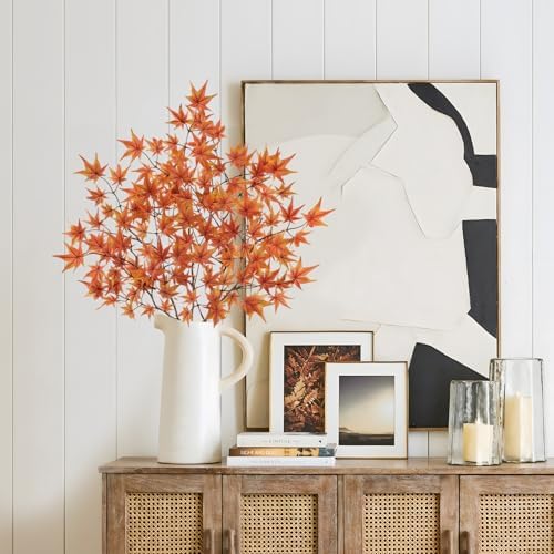 3 Pcs Artificial Maple Leaves Branches 23.6 Inch Fake Fall Maple Plants Autumn Leaf Bushes Faux Silk Foliage for Home Thanksgiving Centerpiece Farmhouse Fireplace Halloween Décor - Orange