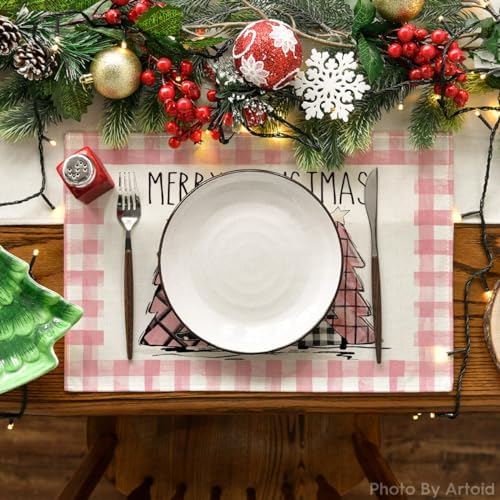 Artoid Mode Waterclor Pink Buffalo Plaid Christmas Trees Placemats Set of 4, 12x18 Inch Winter Table Mats for Outdoor Home Party Kitchen Dining Decor