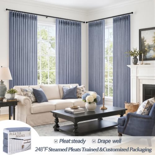 Dusty Blue 102 Inch Extra Long Memory Trained Pleated Linen Sheer Curtains