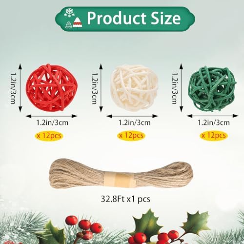 Lucleag 36Pcs Christmas Rattan Balls Decorations, 1.18in Red White Green Natural Wicker Balls Ornament Vase Filler DIY Craft with Hemp Rope for Xmas Tree Home Table Decorations Party Supplies