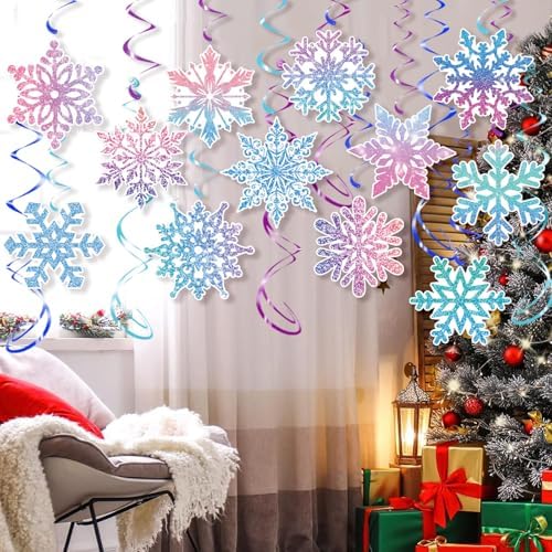 30Pcs Winter Snowflake Hanging Swirl, Frozen Snowflake Ceiling Streamers Hanging Decorations for Christmas Winter Wonderland Frozen Party Supplies