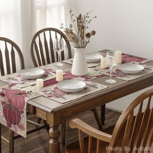 Artoid Mode Pink Pumpkin Leaves Fall Placemats Set of 4-12 x 18 Inch