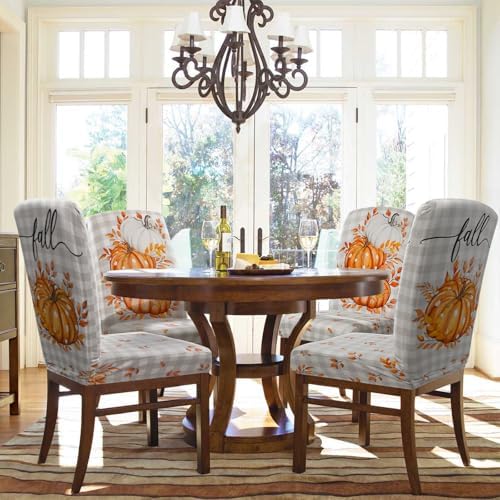 Fall Chair Covers Set of 4 Neutral Gingham Pumpkin Parsons Chair Slipcovers