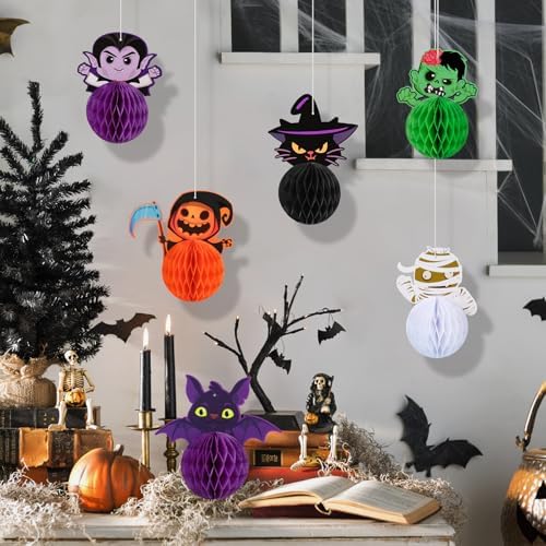 Konsait Halloween Hanging Decorations - 6 Pack 3D Honeycomb Hanging Bat Cat Zombie Vampire Decor for Indoor Outdoor Party Supplies & Accessories