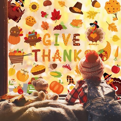 Whaline 9 Sheets Fall Thanksgiving Cartoon Window Cling Stickers Turkey Pumpkin Gnome Window Decals Give Thanks Reusable Glass Decoration for Autumn Harvest Party Home Classroom