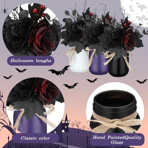 Gejoy 3 Pcs Halloween Table Decor Set Mason Jar with Artificial Flower Black Red Table Centerpieces Faux Flowers with Vases for Halloween Floral Arrangements Home Decorations