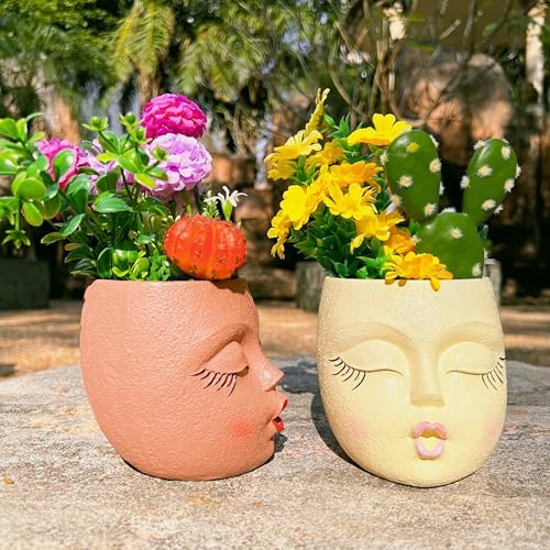 Flower Head Planter Pot,Resin Big Face Planters with Waiting Kiss,Yellow,1P