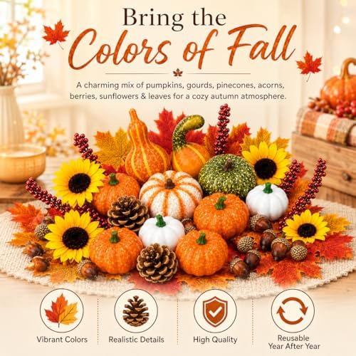 Artificial Fall Harvest Decor Set, 96 Piece Faux Pumpkins, Gourds, Sunflowers, Pinecones, Acorns, Berries and Maple Leaves for Thanksgiving, Halloween Table Centerpieces and Autumn Home Decor