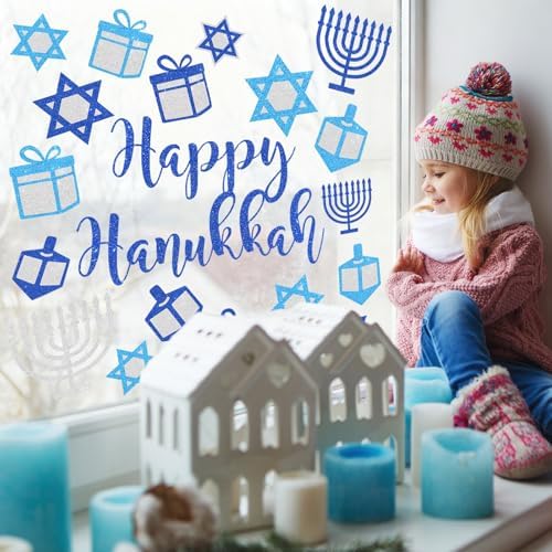 Whaline 6 Sheets Glitter Hanukkah Window Clings Chanukah Star Menorah Window Decal Reusable Anti-Collision Windows Decor for Home Classroom Office Party Supplies