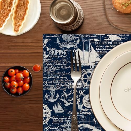 Nautical Navy Blue Placemats Set of 6,Washable Heat Resistant 12×18 Inch Linen Table Mats Caribbean Sailing Place Mats for Party Outdoor Dining Décor