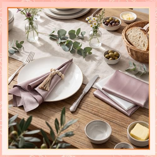 LemonRoad 36 Pcs Napkin Rings Set 12 Wood Bead Napkin Rings, 24 Cloth Napkins Boho Farmhouse Table Decorations Dinnerware Sets, Banquet, Wedding, Holiday Dinner Party