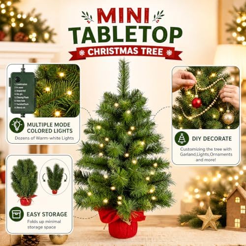 2ft Pre-lit Artificial Mini Christmas Tree,Small Xmas Tree