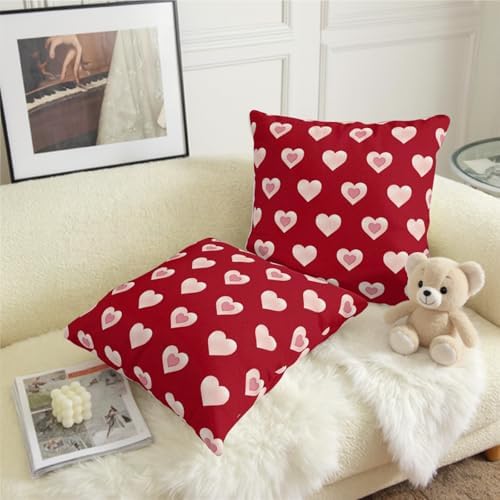 Valentine Day Outdoor Throw Pillow Covers 18x18 Set of 2 Red Pink Heart Pillows Cases Valentines Decorative Cushion Covers for Bed Couch Sofa Living Room