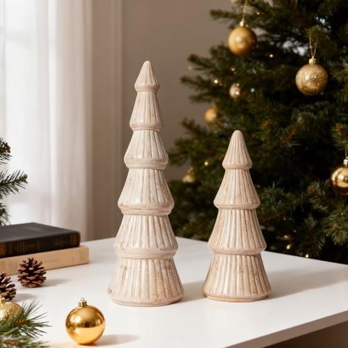 WONDROUS' DECO Wooden Christmas Tree Figurine, Tabletop Pink and Gold