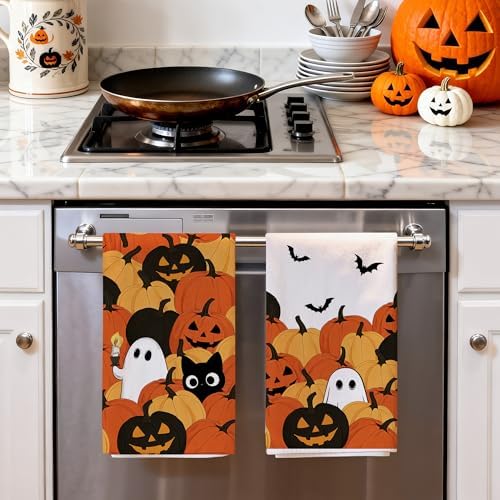 Hexagram Halloween Kitchen Towels, Ghost Cat Halloween Hand Towels