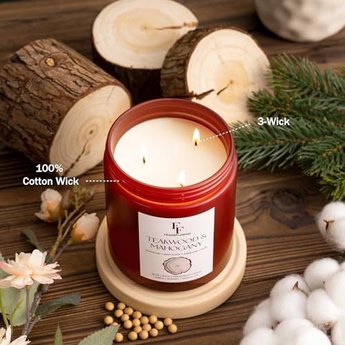 Teakwood & Mahogany Large Christmas Scented Candle, 3-Wick 22oz Long Lasting Scented Candle, Natural Soy Wax