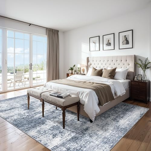 PLHXFR Area Rug Living Room: 4x6 Abstract Washable Carpet Grey Blue
