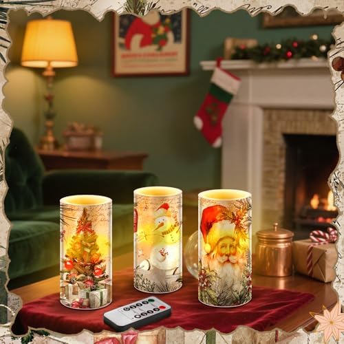 Retisee 3 Pcs Christmas Flameless Candles with Remote Timer Real Wax LED Flickering Pillar Candle White Cold Light Battery Operated for Home Window Xmas Gift Winter Holiday Decor(Retro)