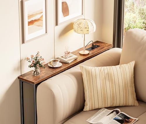 SUPERJARE 39.4 inch Narrow Behind Couch Table with Charging Stations