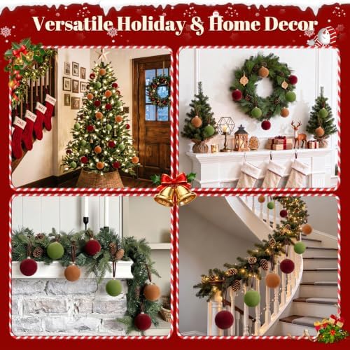 TOWPONICS 15 Pcs Velvet Christmas Tree Ornaments, 3.15 Inch Red Green Brown Velvet Ornaments for Christmas Tree, Flocked Ornaments Balls for Family Holiday Wedding Party Xmas Hanging Decoration