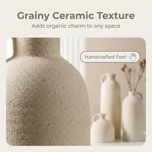 Flower Vase Set of 3, Ceramic Home Decor for Living Room - Modern Rustic Farmhouse Centerpiece for Table, Shelf &