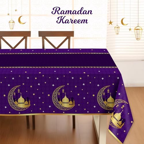 Childom 3 Pack Ramadan Table Cloth,Ramadan Decorations for Home,54" x 108" Eid Mubarak Decorations,Eid Ramadan Tablecloth Rectangular,Purple Plastic Table Cloth Disposable Table Cover for Party Favors