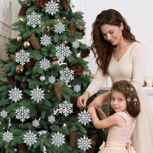 36pcs Christmas Silver Snowflake Ornaments Plastic Glitter Snow Flakes Ornaments for Winter Christmas Tree Decorations Size Varies Craft Snowflakes