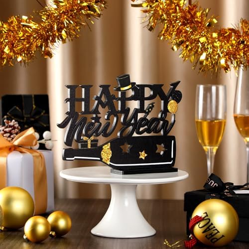 Amyhill 2026 Happy New Year Wood Sign Wooden Black Gold Glitter Tabletop Decorations 2026 Table Centerpiece for New Year Eve Party Supplies Home Decorations