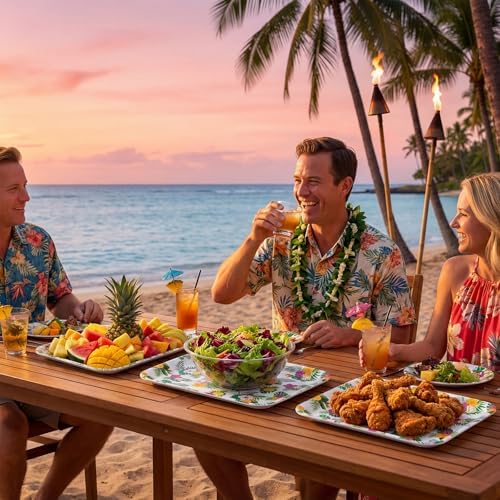 Vesici 3 Pcs Hawaiian Luau Serving Trays 13 x 10 Inch Tropical Hibiscus Flowers Melamine Platters Reusable Rectangular Serving Dishes for Pool Beach Aloha Summer Party Sharing Food Snack Fruit Dessert