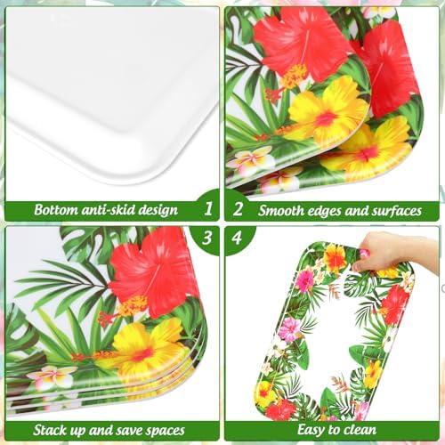 JarThenaAMCS 3Pcs Summer Tropical Luau Serving Trays Reusable Serving Dishes Watercolor Hawaiian Hibiscus Floral Monstera Melamine Platter for Pool Beach Aloha Birthday Party