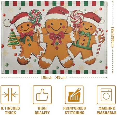 Gingerbread Man Christmas Placemats Set of 4 Candy Cane Xmas Seasonal Holiday Linen Table Mats Red Green Orange Winter Washable Place Mats for Party Kitchen Dining Outdoor Indoor Decor
