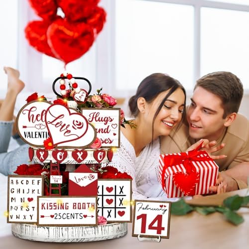 FairySandy 16 Pcs Valentine's Day Tiered Tray Decorations Set Valentine Heart Wood Sign Farmhouse Romantic Sweet Table Decor Love Theme Centerpieces for Kitchen Home Decor Wedding Party Gift
