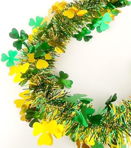 66 Ft St.Patrick's Day Tinsel Garland Decorations Shiny Thick Green Hat and Gold Shamrock Design St Patricks Day Clover Hanging Decor Garland for Irish Holiday Party Parade Floats Ornaments