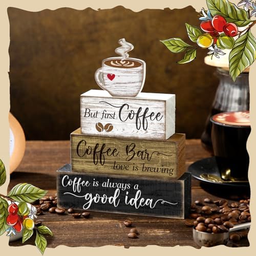 Moucuny 4 Pcs Coffee Bar Sign Wooden Blocks with Cup Topper Coffee Decor