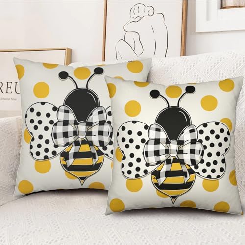 Summer Bumblebee Throw Pillow Covers 20x20 Set of 2 Polka Dot Bee Decorative Pillow Cases Yellow Honeybee Outdoor Farmhouse Cushion Cover for Home Couch Sofa Decor